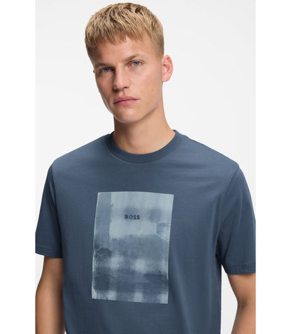 Boss Printed Artwork T Shirt In Cotton Jersey Light Blue