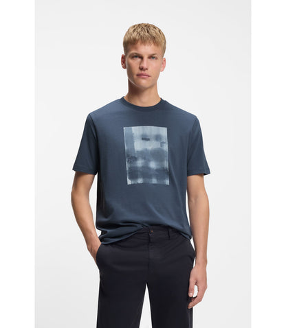 Boss Printed Artwork T Shirt In Cotton Jersey Light Blue