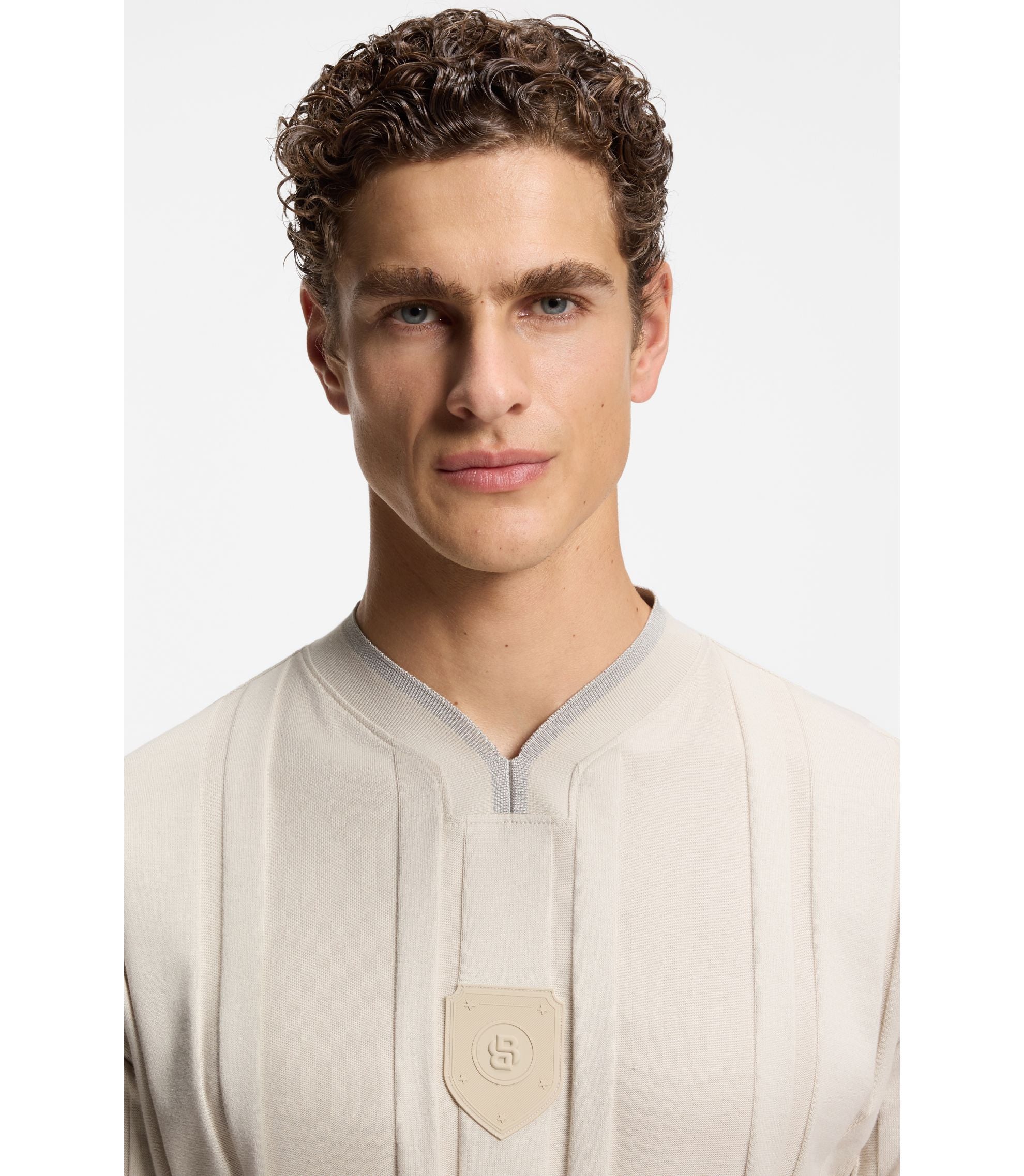 Boss Textured Stripe T Shirt In Cotton Light Beige