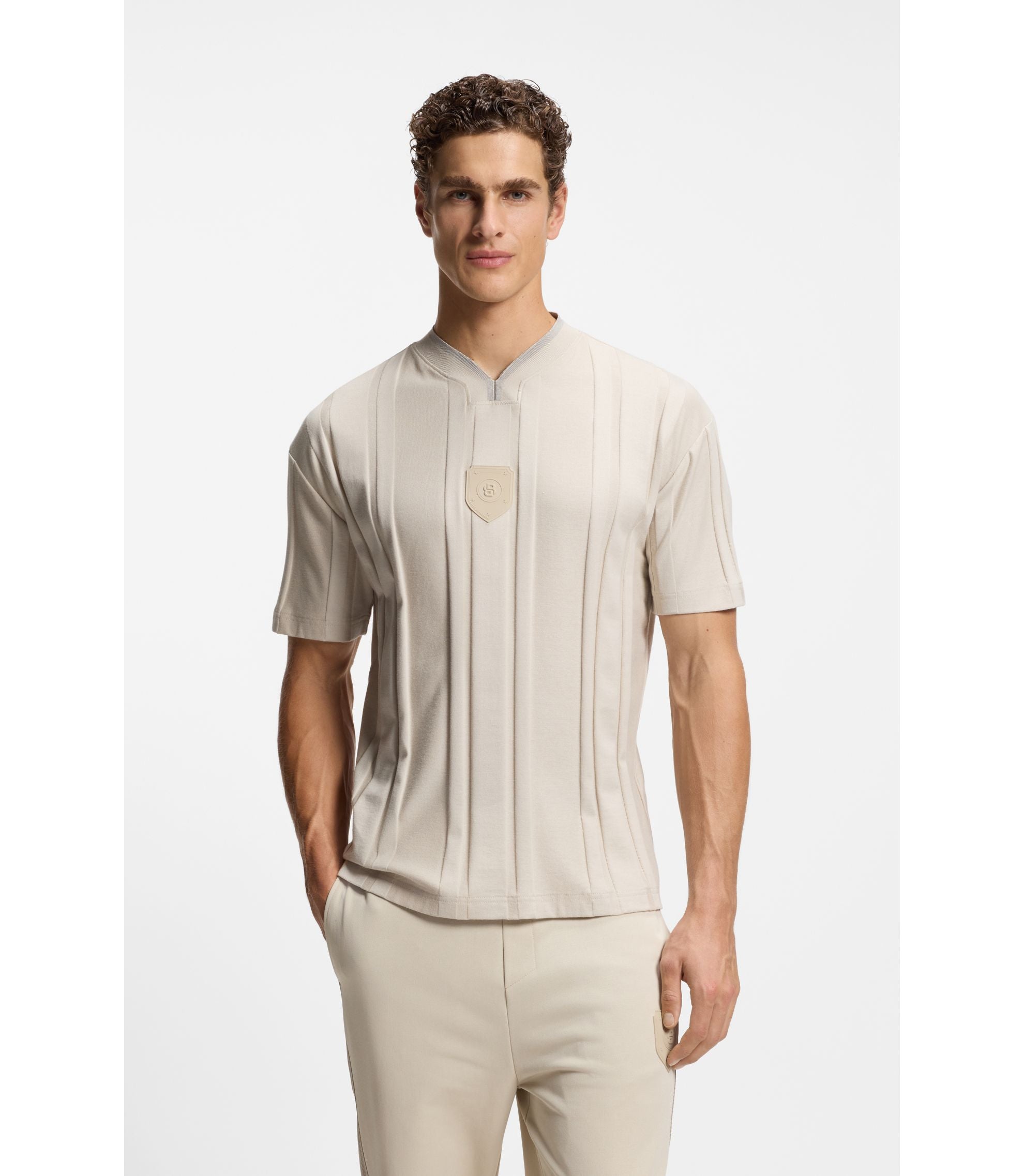 Boss Textured Stripe T Shirt In Cotton Light Beige