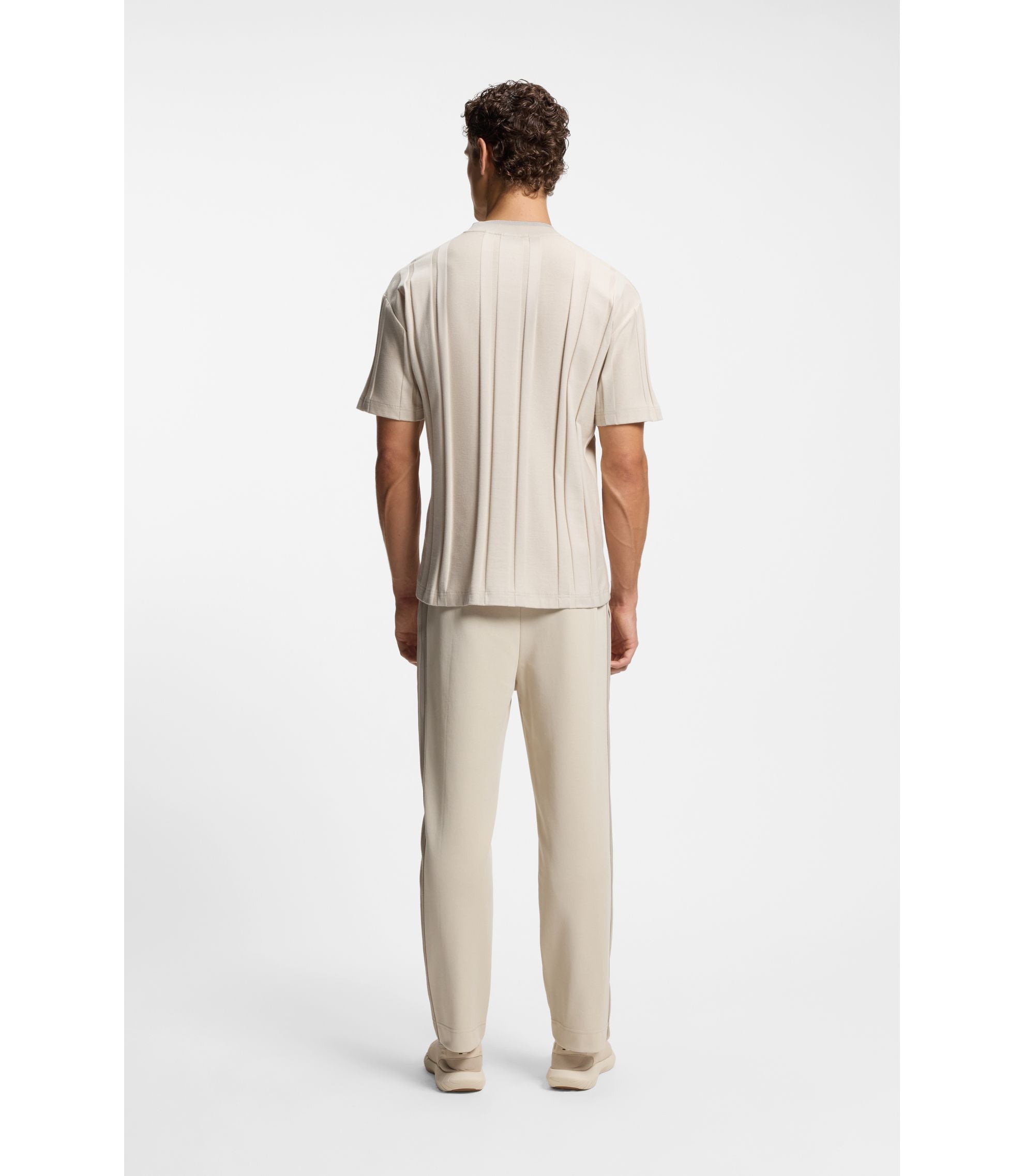 Boss Textured Stripe T Shirt In Cotton Light Beige