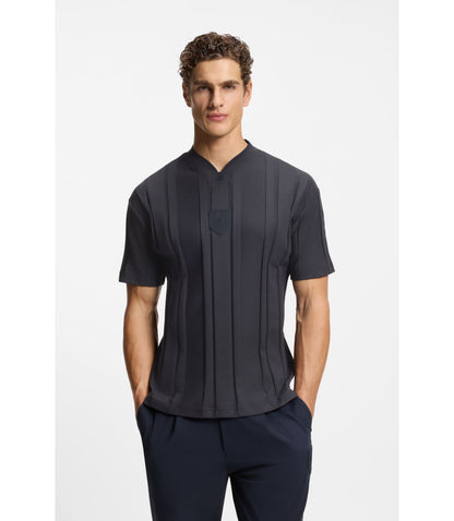 Boss Textured Stripe T Shirt In Cotton Dark Blue
