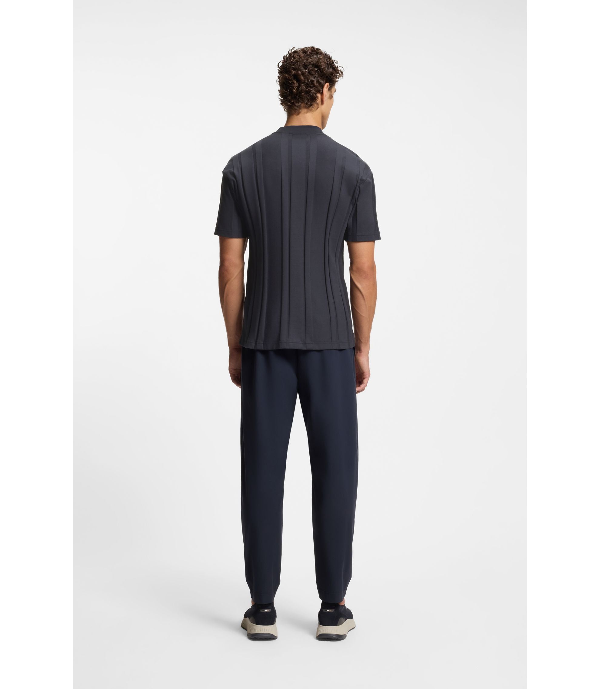 Boss Textured Stripe T Shirt In Cotton Dark Blue