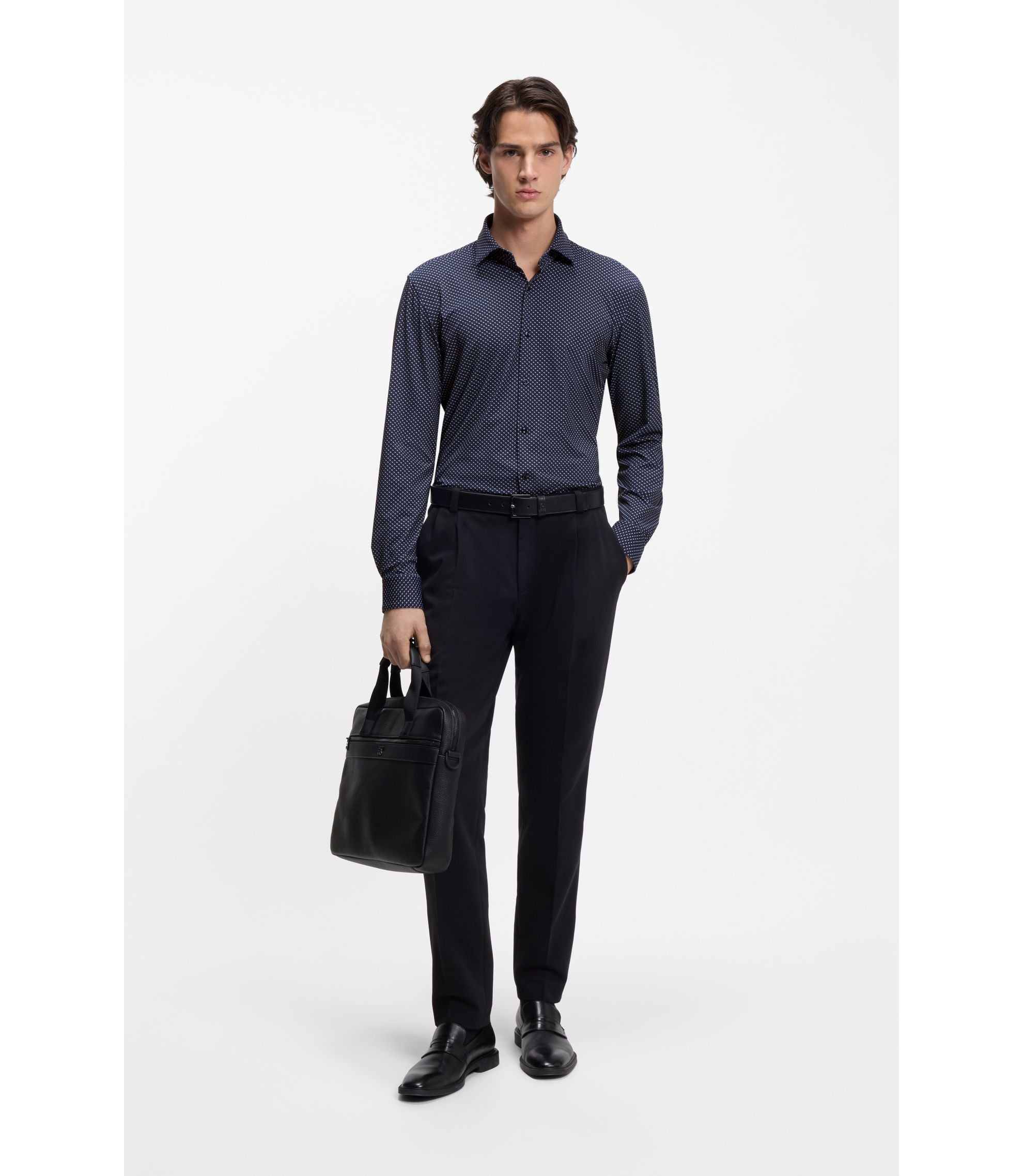 Hugo Printed Slim Fit Shirt In Performance Stretch Jersey Dark Blue