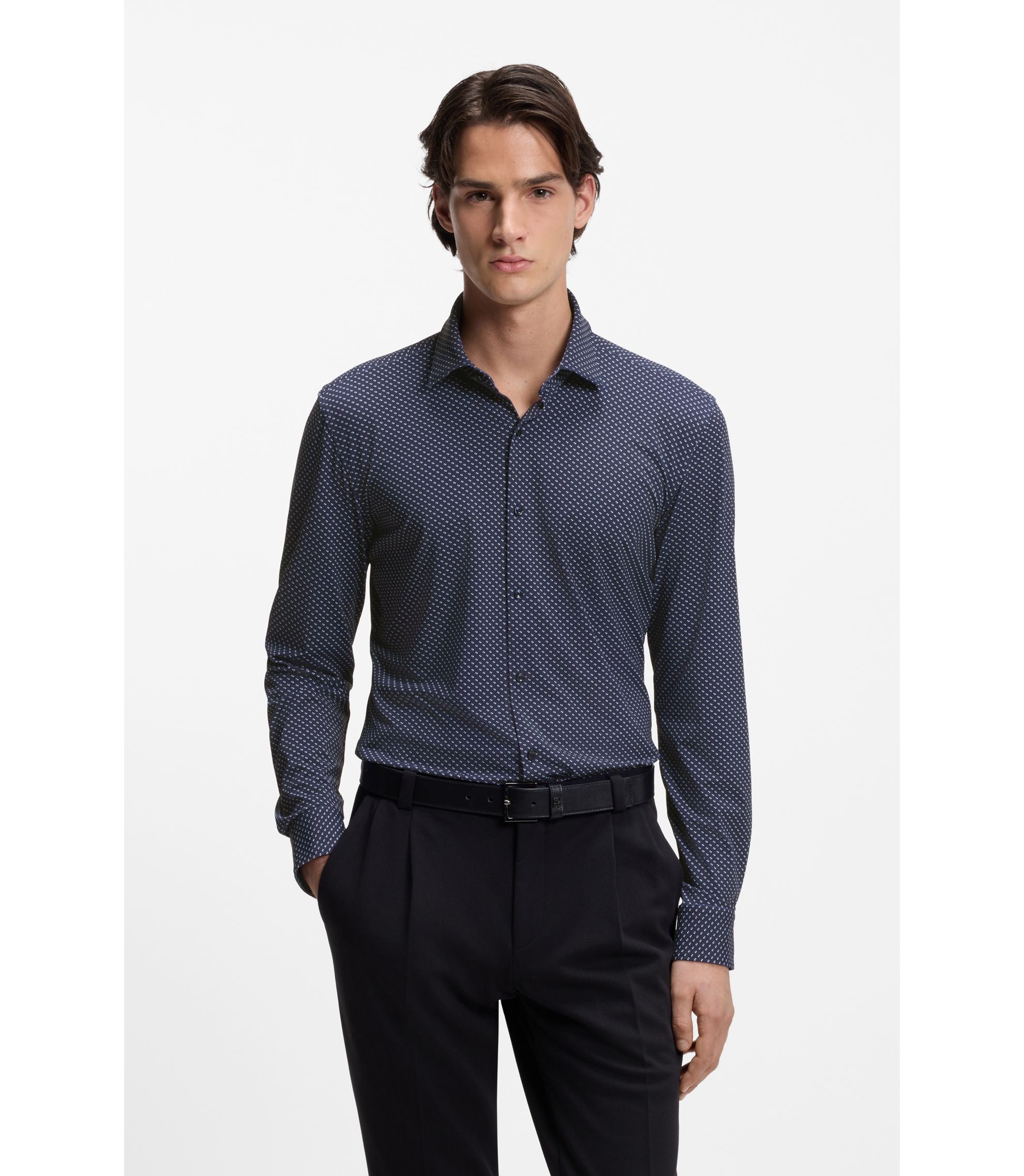 Hugo Printed Slim Fit Shirt In Performance Stretch Jersey Dark Blue