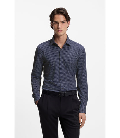 Hugo Printed Slim Fit Shirt In Performance Stretch Jersey Dark Blue