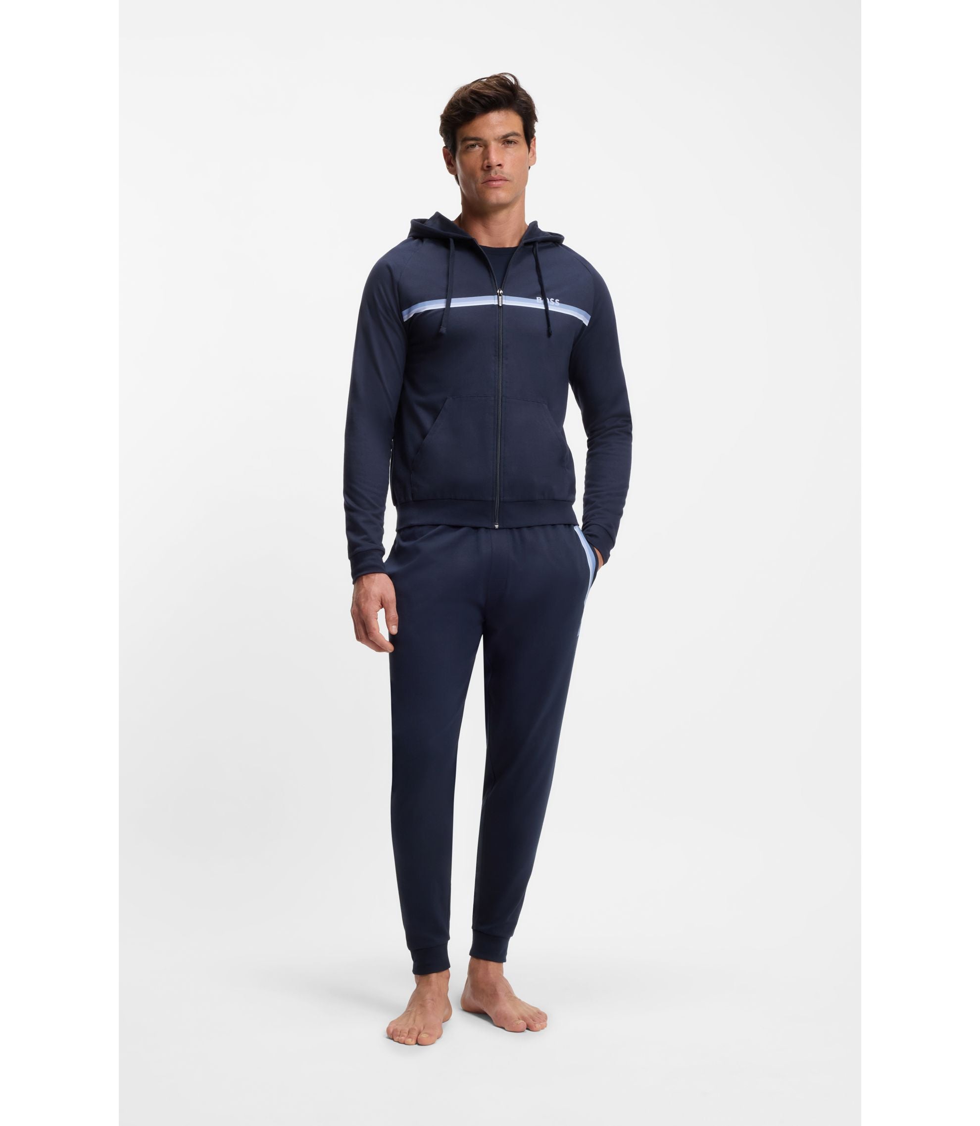 Boss Cotton Terry Tracksuit Bottoms With Logo And Stripes Dark Blue