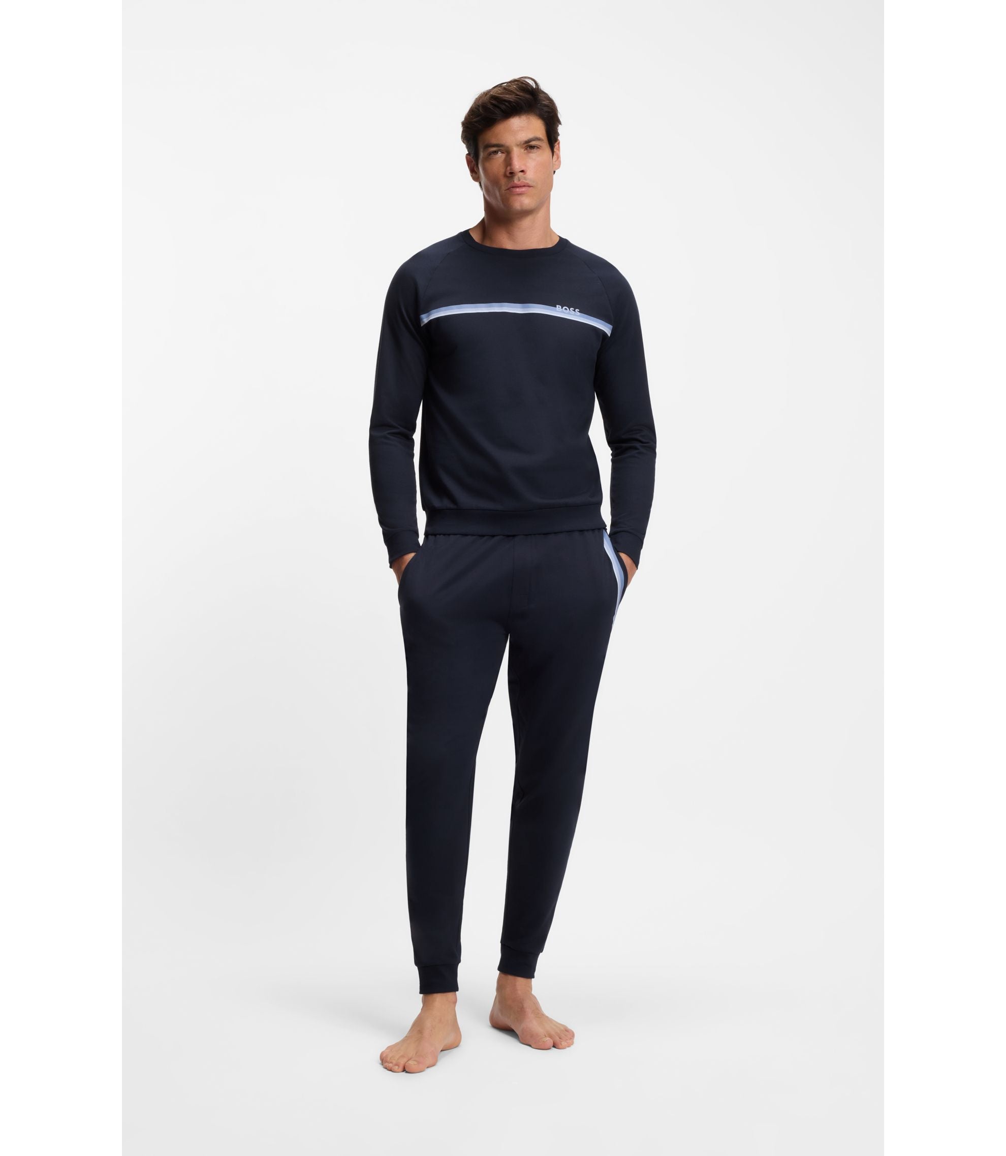 Boss Cotton Terry Sweatshirt With Logo And Stripe Dark Blue