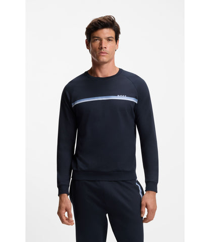 Boss Cotton Terry Sweatshirt With Logo And Stripe Dark Blue