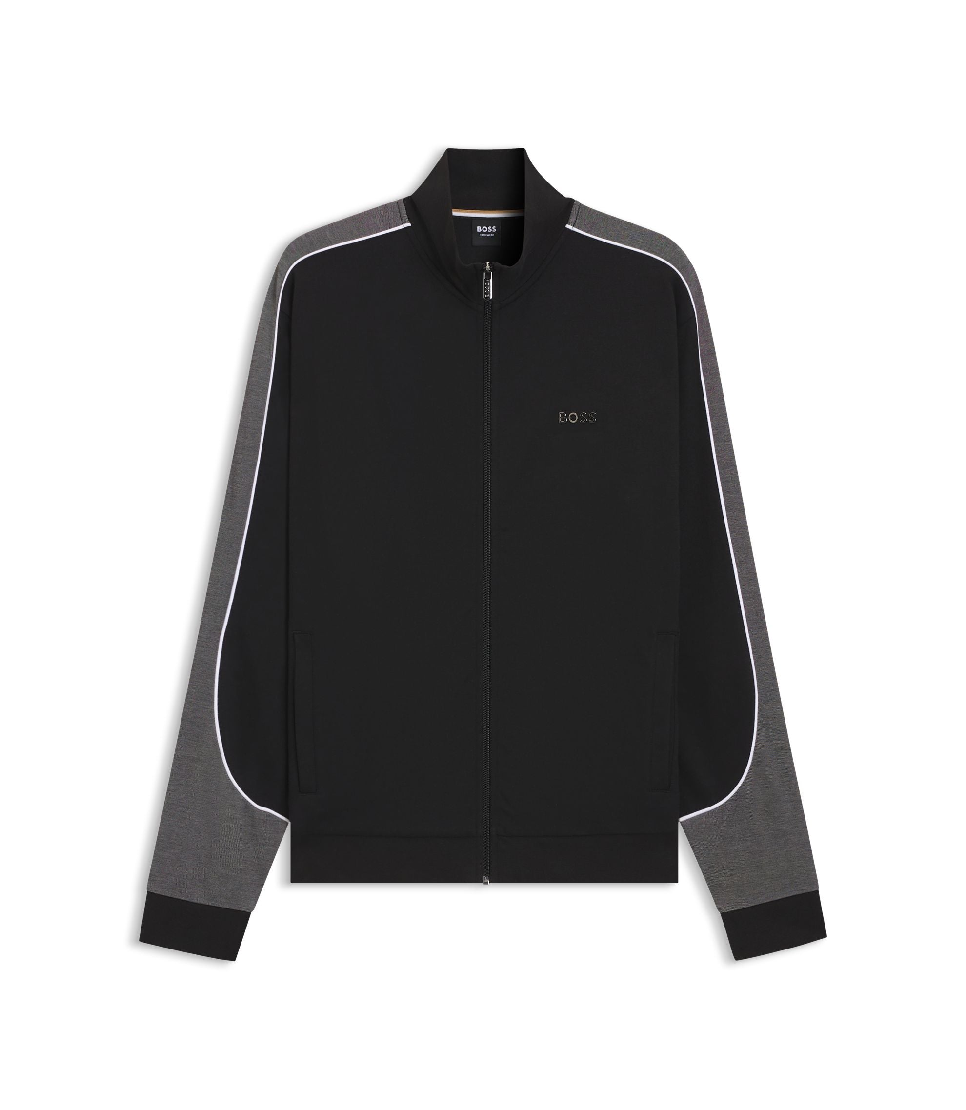 Boss Contrast Detail Zip Up Jacket In A Cotton Blend Black