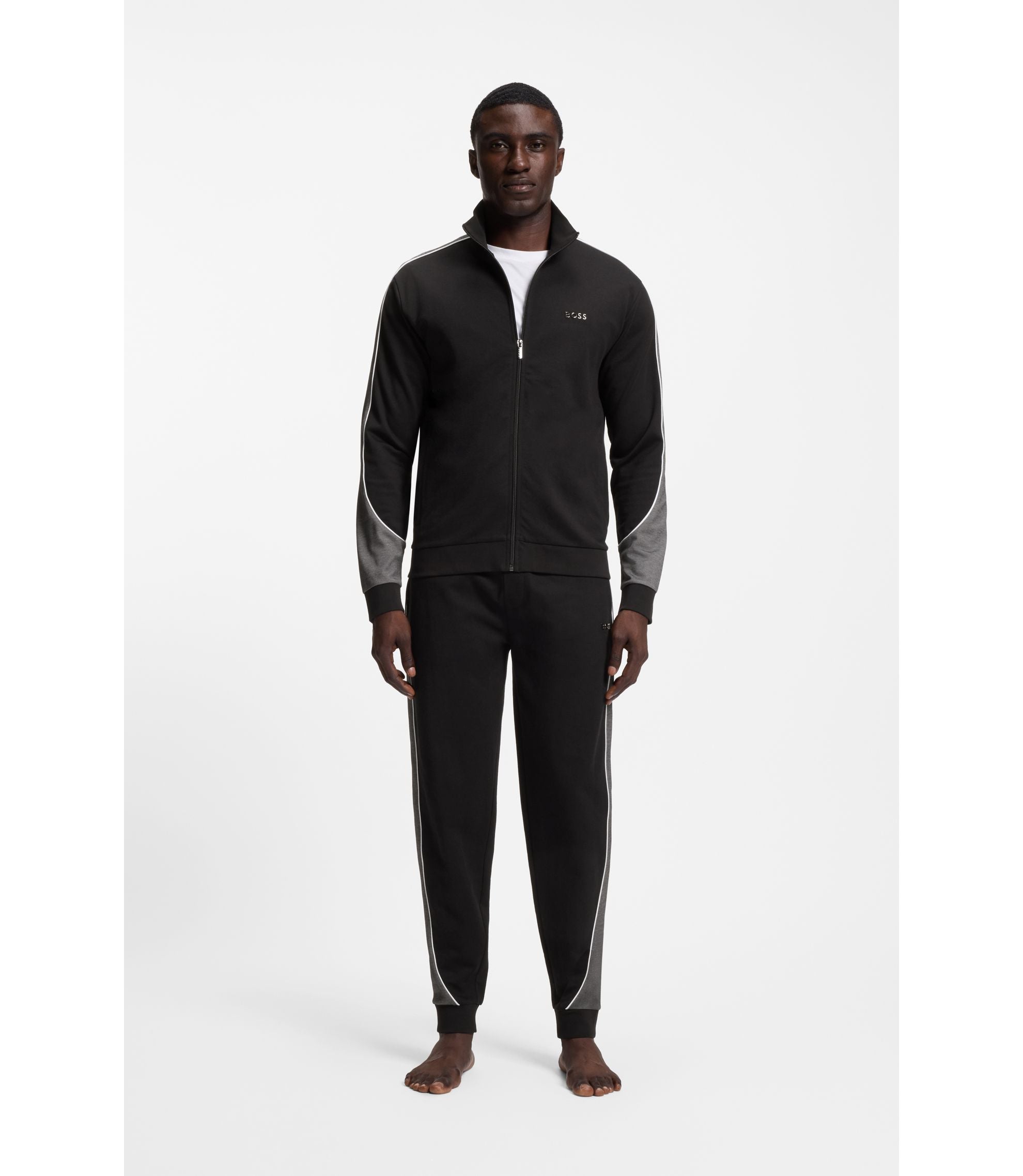 Boss Contrast Detail Zip Up Jacket In A Cotton Blend Black