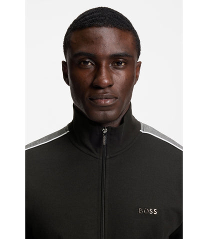 Boss Contrast Detail Zip Up Jacket In A Cotton Blend Black