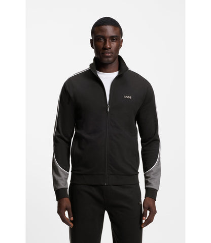 Boss Contrast Detail Zip Up Jacket In A Cotton Blend Black