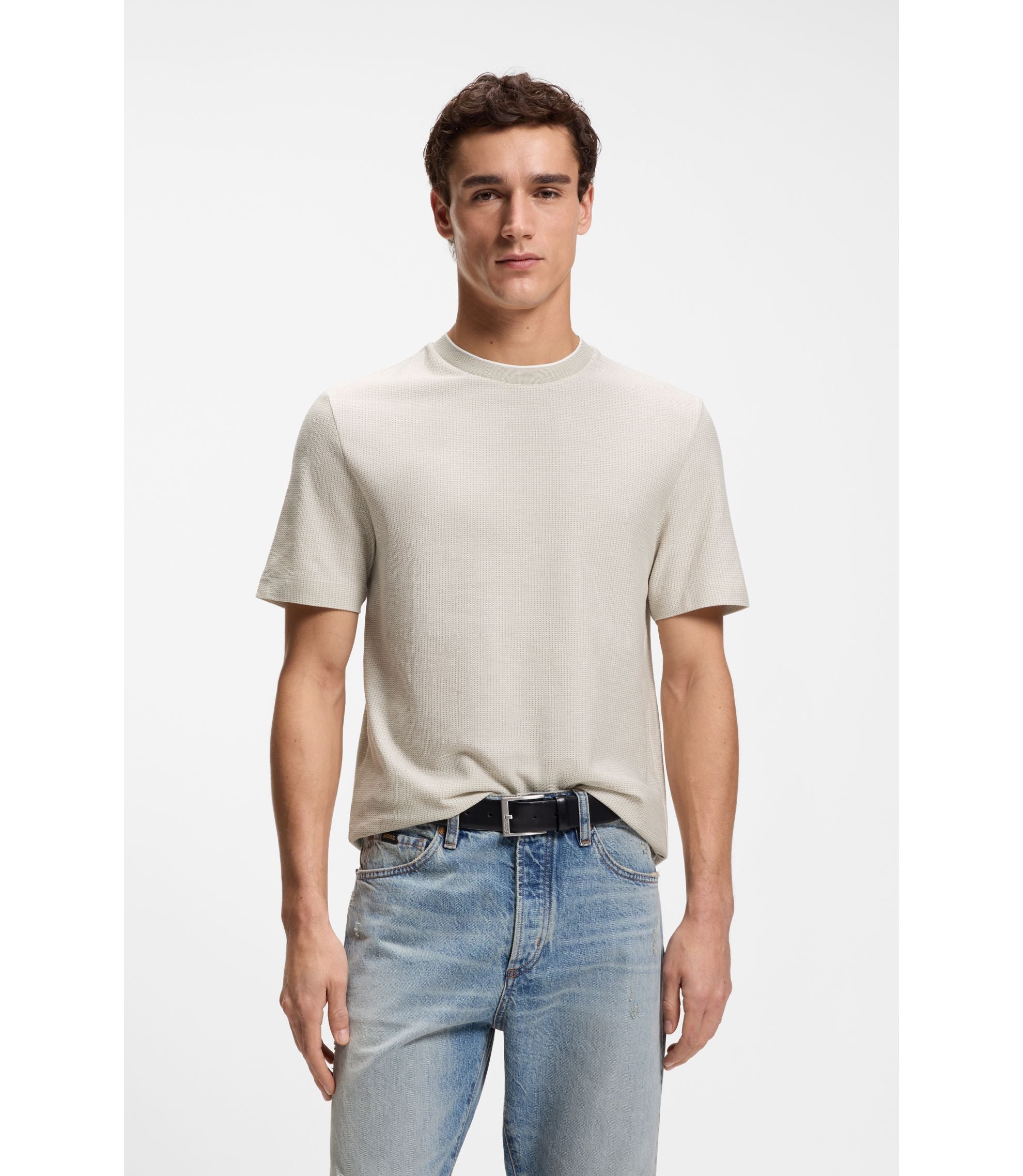 Boss Cotton Silk T Shirt With Rich Structure Khaki