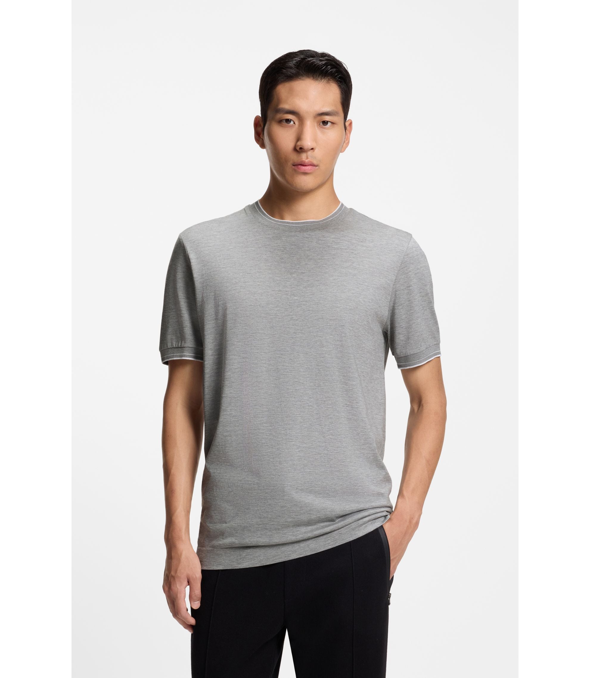 Boss Collar Tipping T Shirt In Cotton And Silk Silver