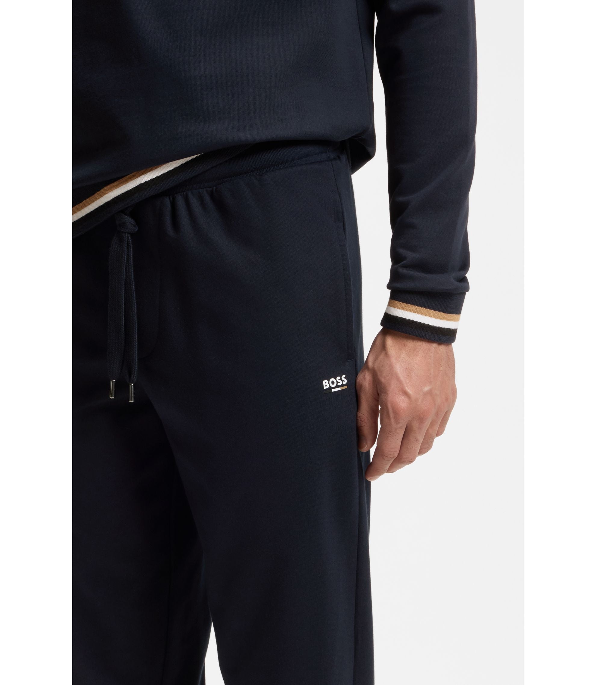 Boss Cotton Terry Tracksuit Bottoms With Signature Stripes And Logo Dark Blue