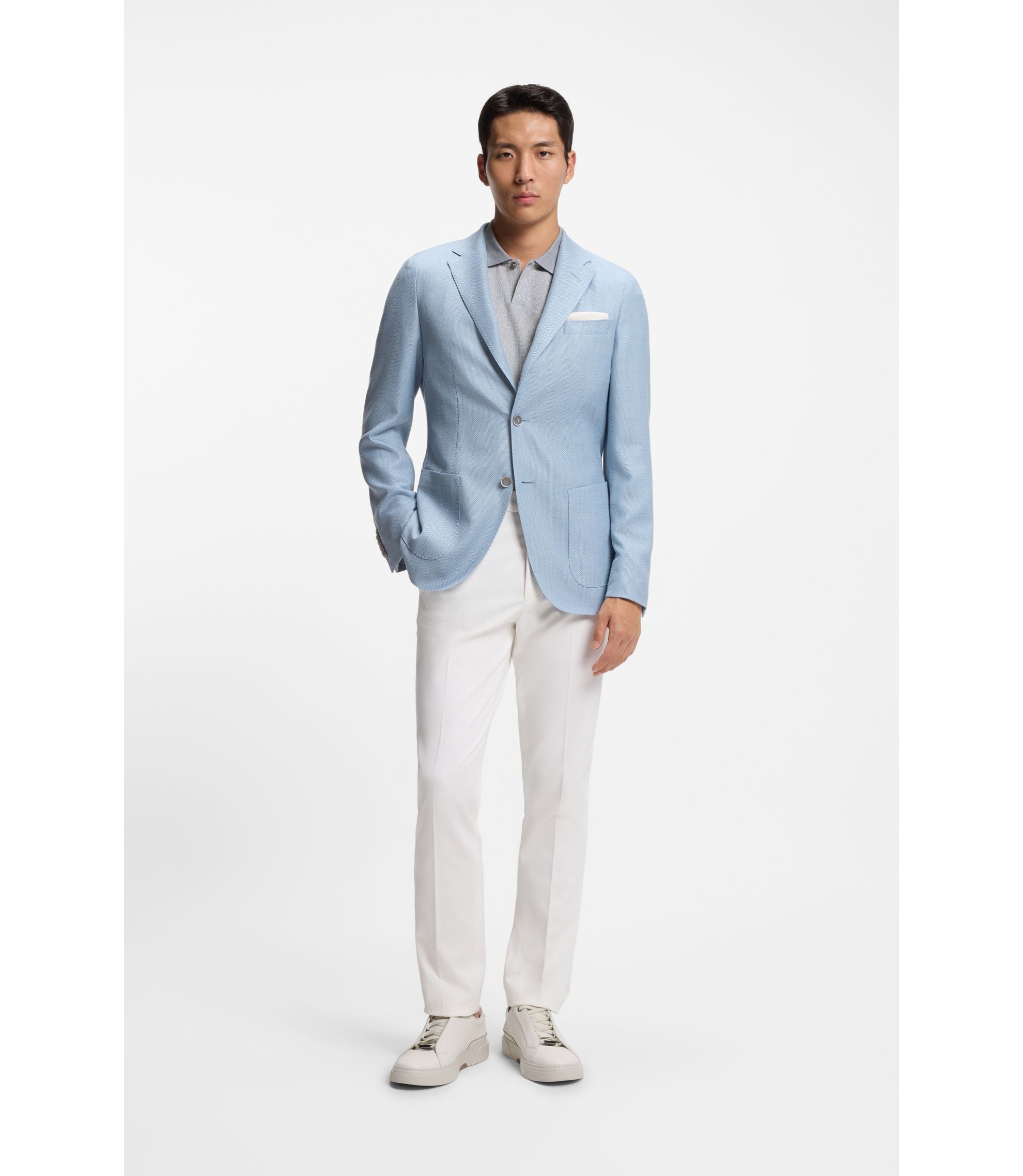 Boss Cotton Silk Polo Shirt With Three Tone Structure Light Blue