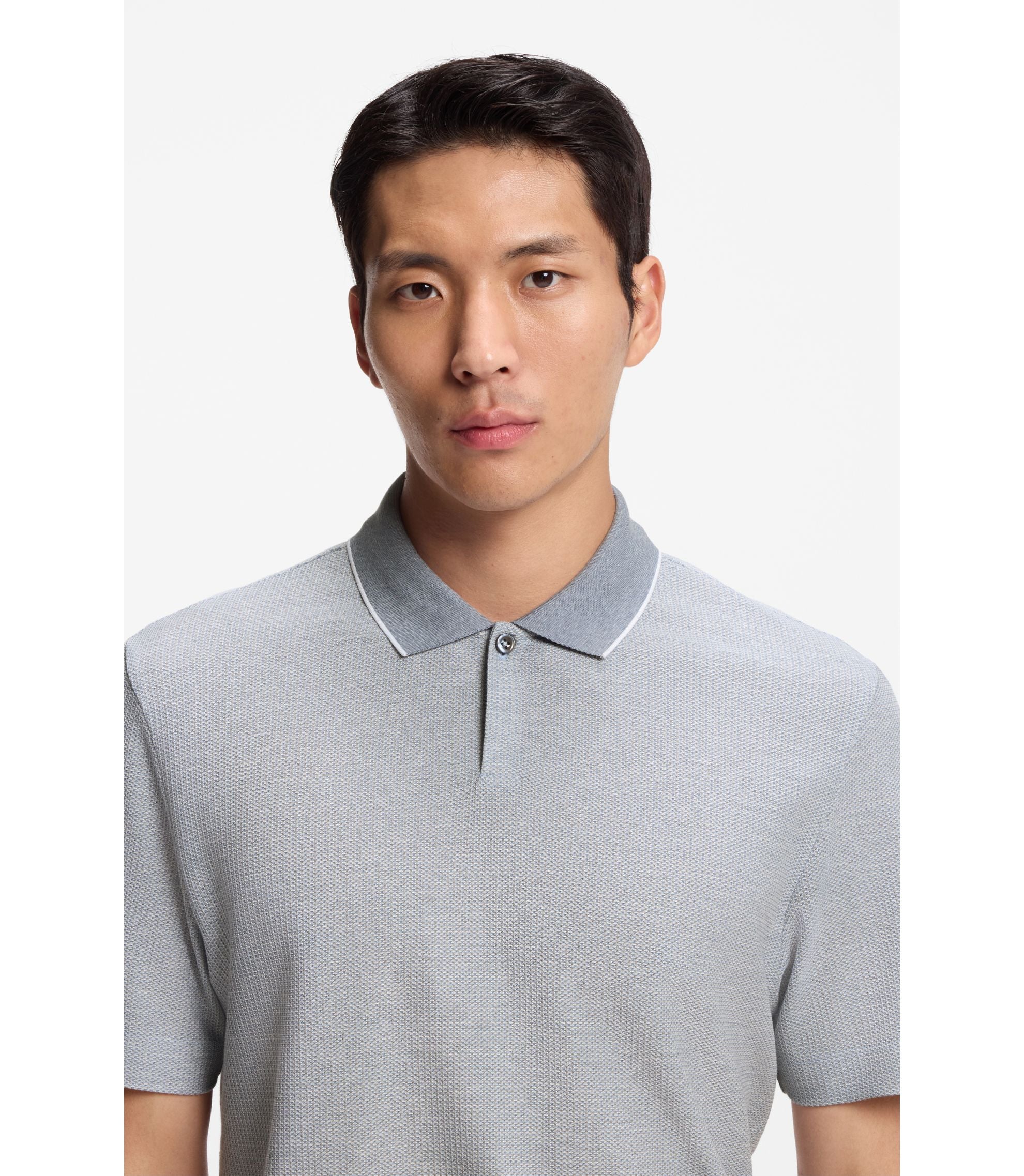 Boss Cotton Silk Polo Shirt With Three Tone Structure Light Blue