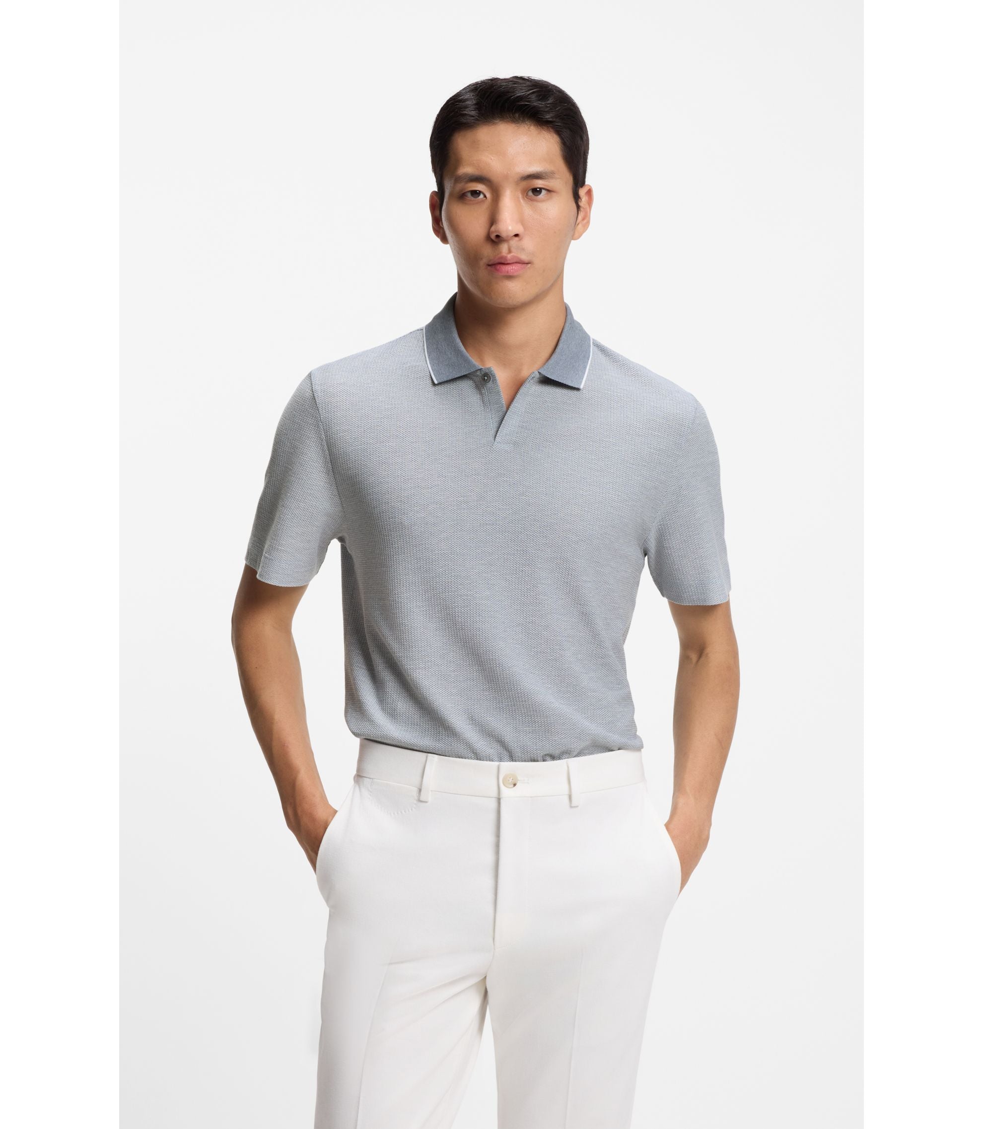 Boss Cotton Silk Polo Shirt With Three Tone Structure Light Blue