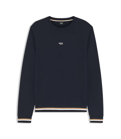 Boss Cotton Terry Sweatshirt With Logo And Signature Stripes Dark Blue