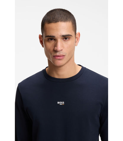 Boss Cotton Terry Sweatshirt With Logo And Signature Stripes Dark Blue