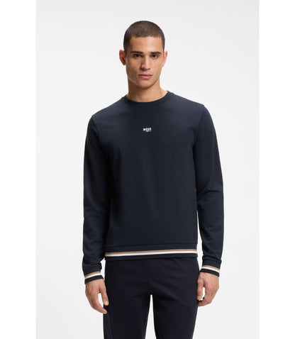 Boss Cotton Terry Sweatshirt With Logo And Signature Stripes Dark Blue