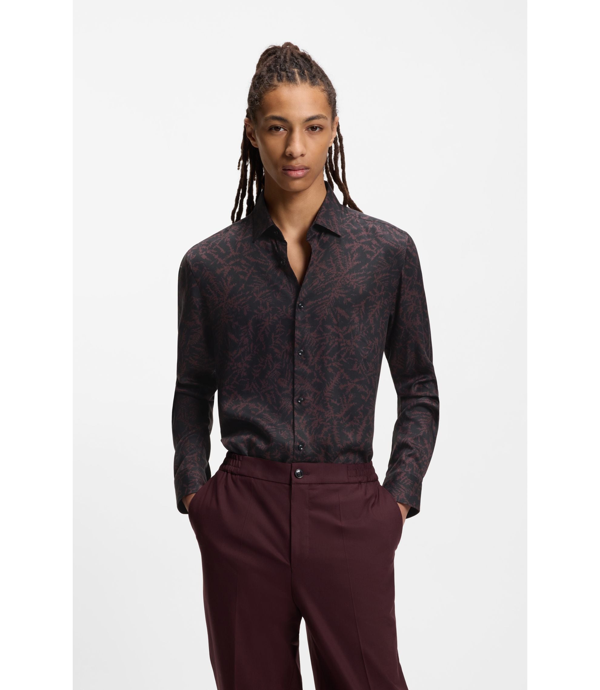 Hugo Slim Fit Shirt With All Over Print Light Brown