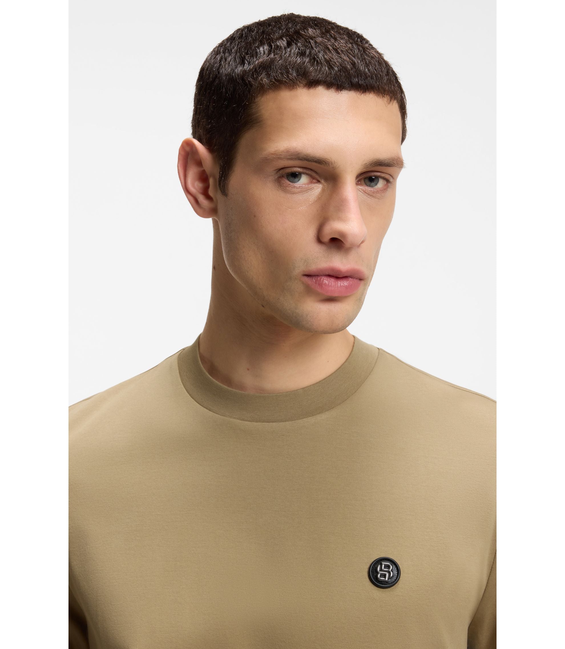 Boss Mercerised Cotton T Shirt With Double B Monogram Khaki