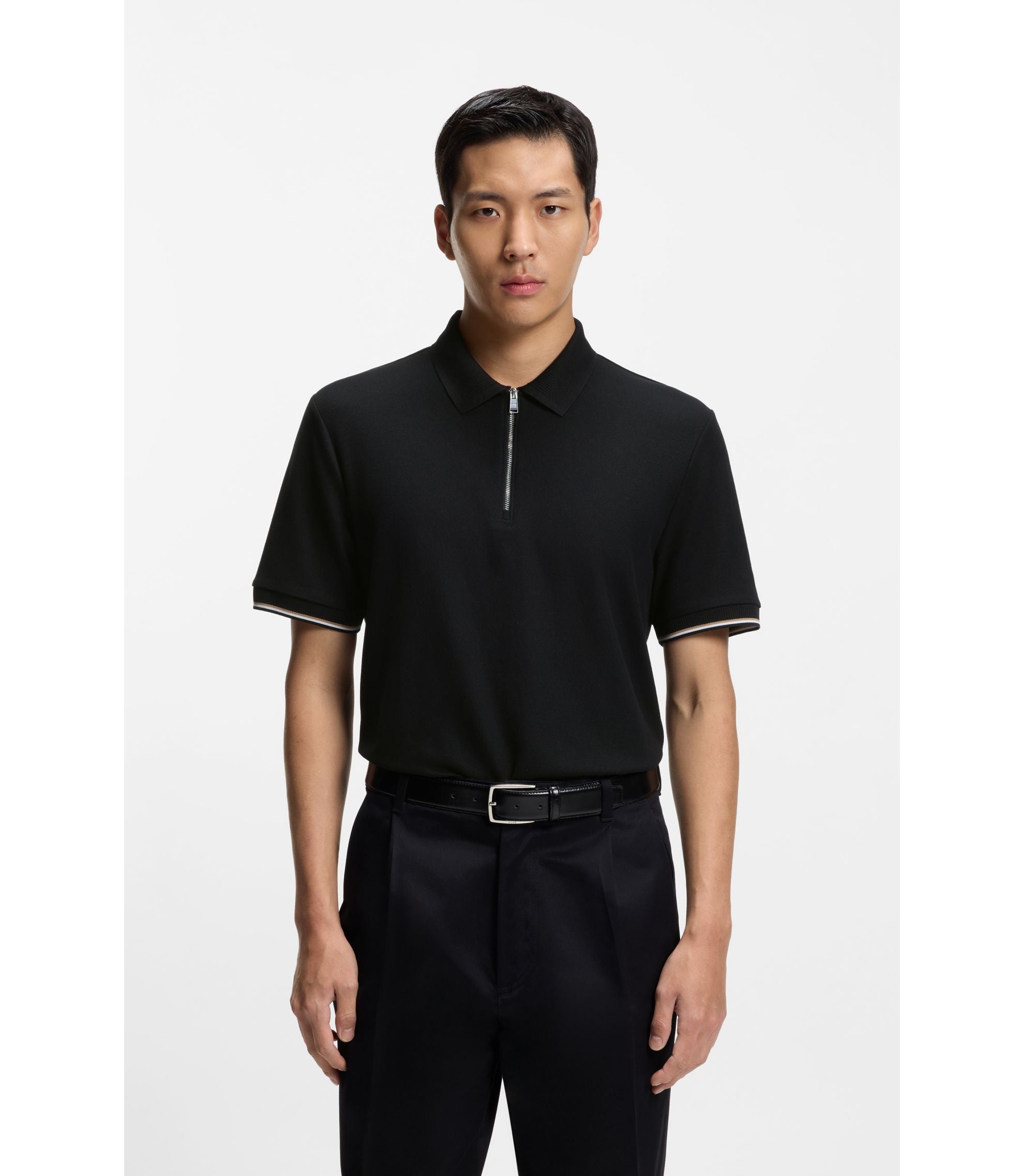 Boss Cotton Piqu Polo Shirt With Zip Neck Black