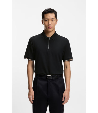 Boss Cotton Piqu Polo Shirt With Zip Neck Black