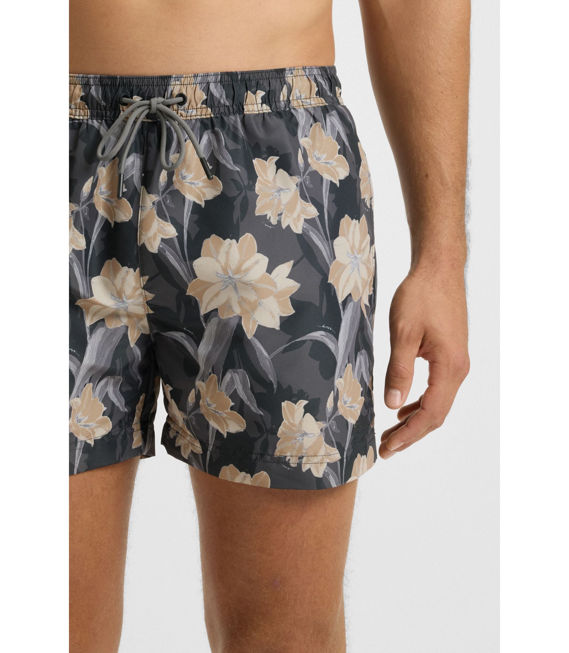 Boss Logo Detail Swim Shorts With Floral Print Black