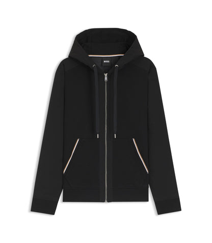 Boss Cotton Terry Zip Up Hoodie With Signature Stripe Trims Black