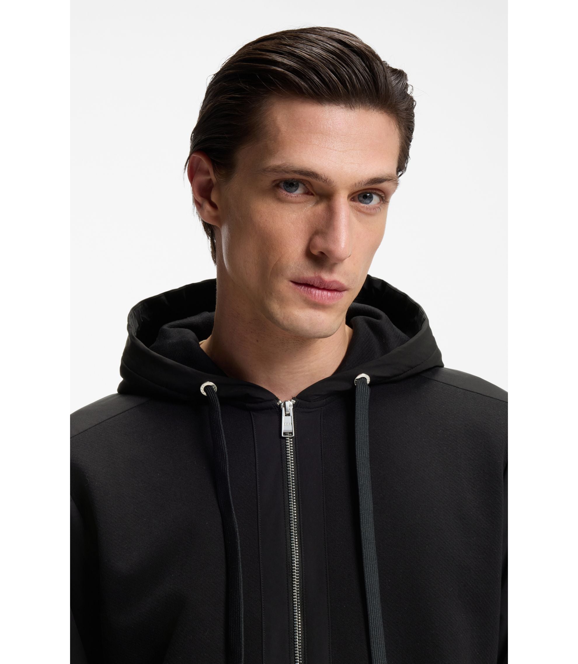Boss Cotton Terry Zip Up Hoodie With Signature Stripe Trims Black