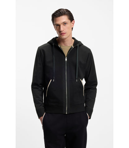 Boss Cotton Terry Zip Up Hoodie With Signature Stripe Trims Black