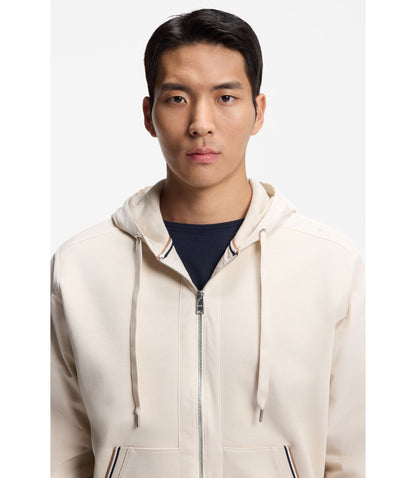 Boss Cotton Terry Zip Up Hoodie With Signature Stripe Trims White
