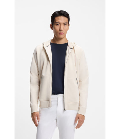 Boss Cotton Terry Zip Up Hoodie With Signature Stripe Trims White