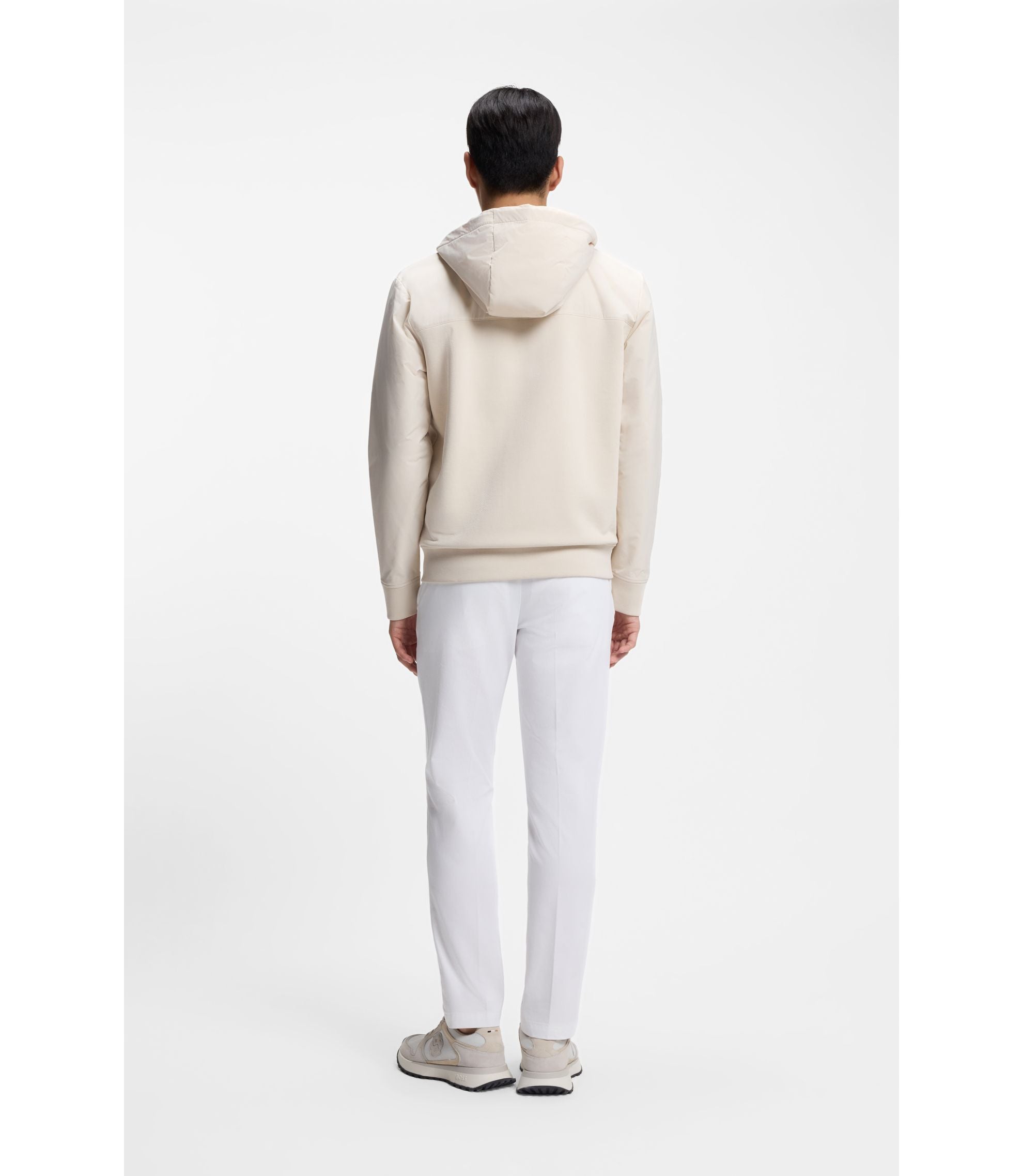 Boss Cotton Terry Zip Up Hoodie With Signature Stripe Trims White