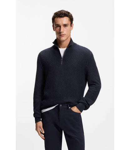 Boss Quarter Zip Sweater In Cotton Dark Blue