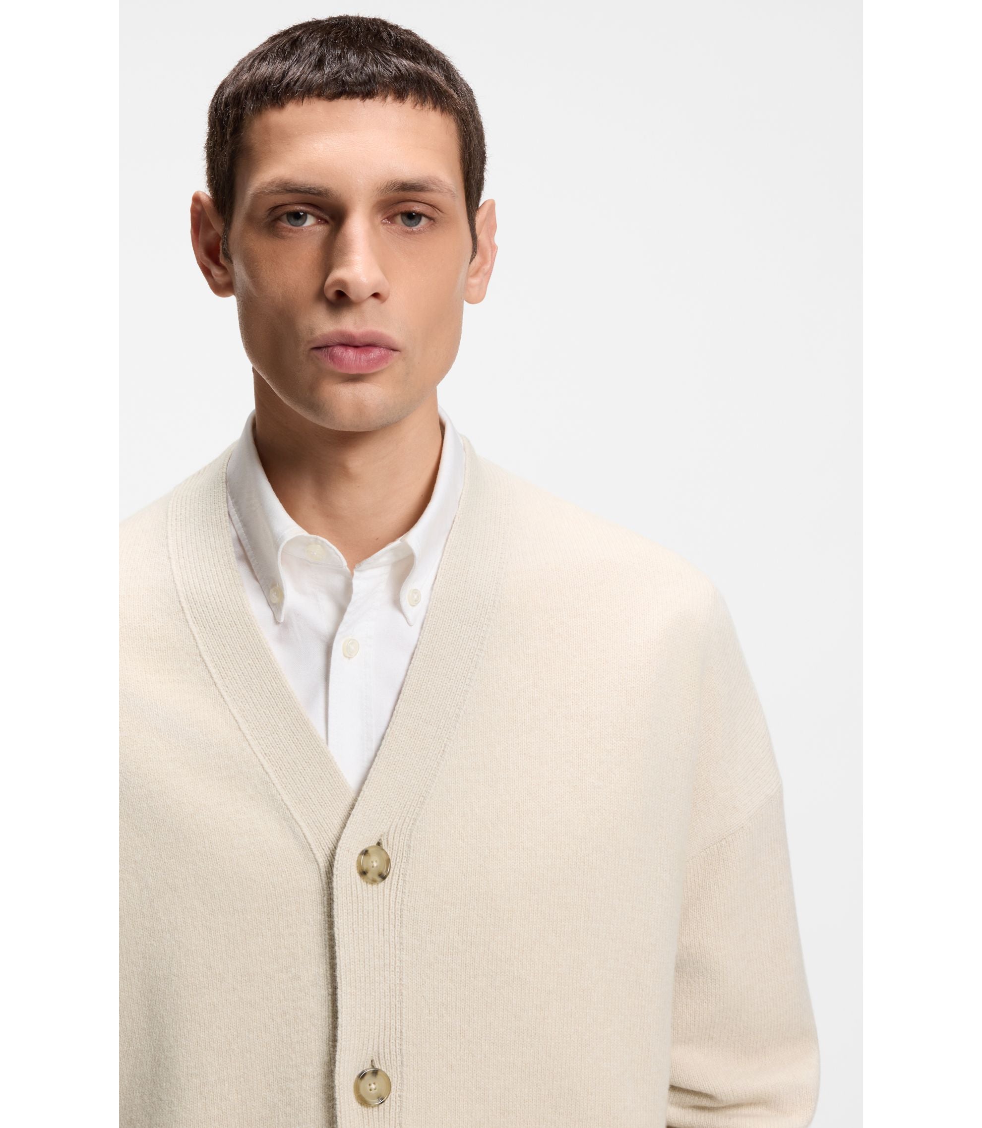 Boss Virgin Wool Cardigan In A Relaxed Fit White