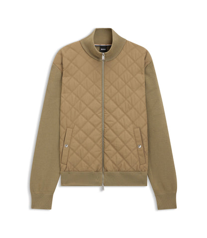 Boss Quilted Front Jacket In Knitted Wool Khaki