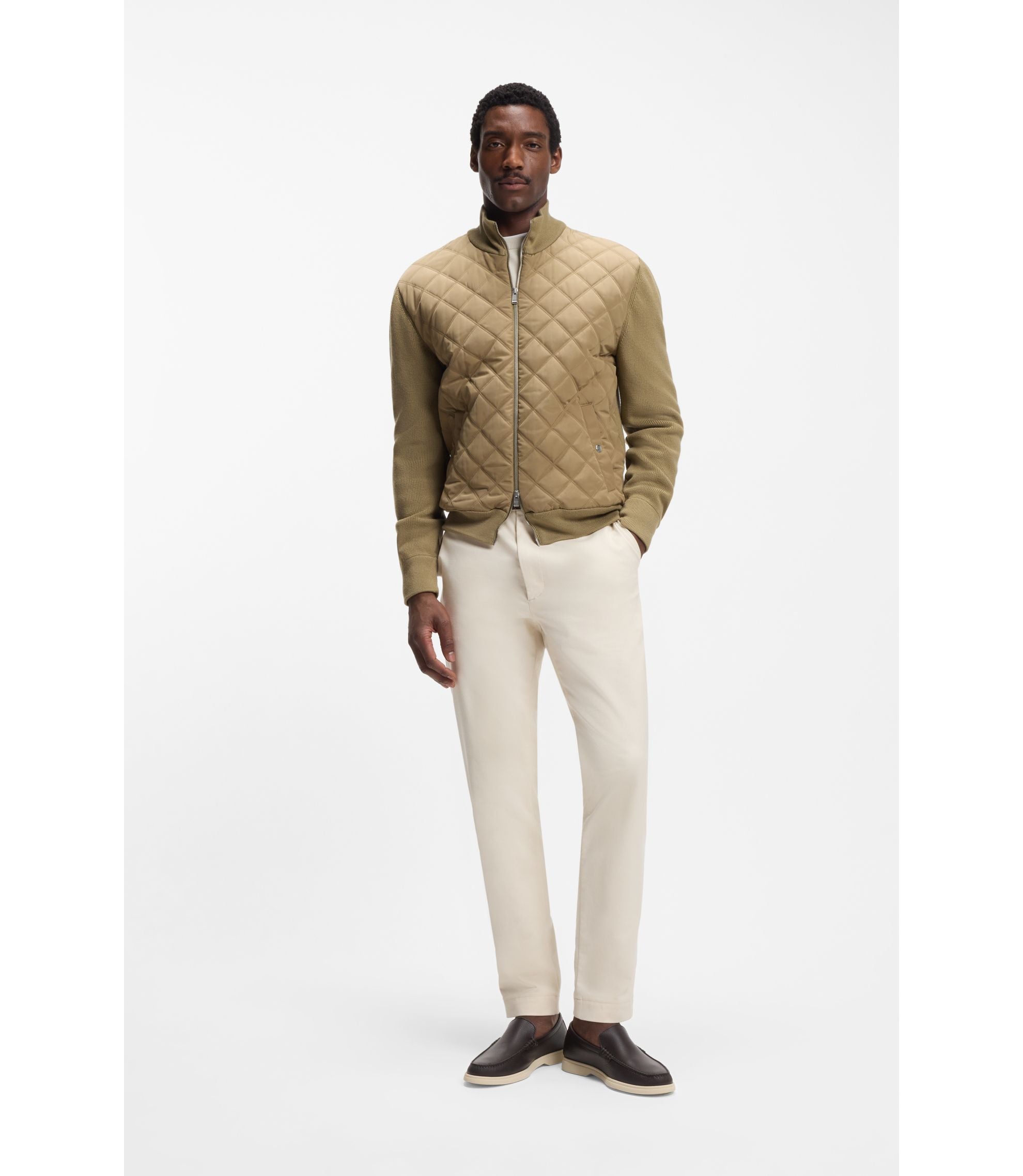 Boss Quilted Front Jacket In Knitted Wool Khaki