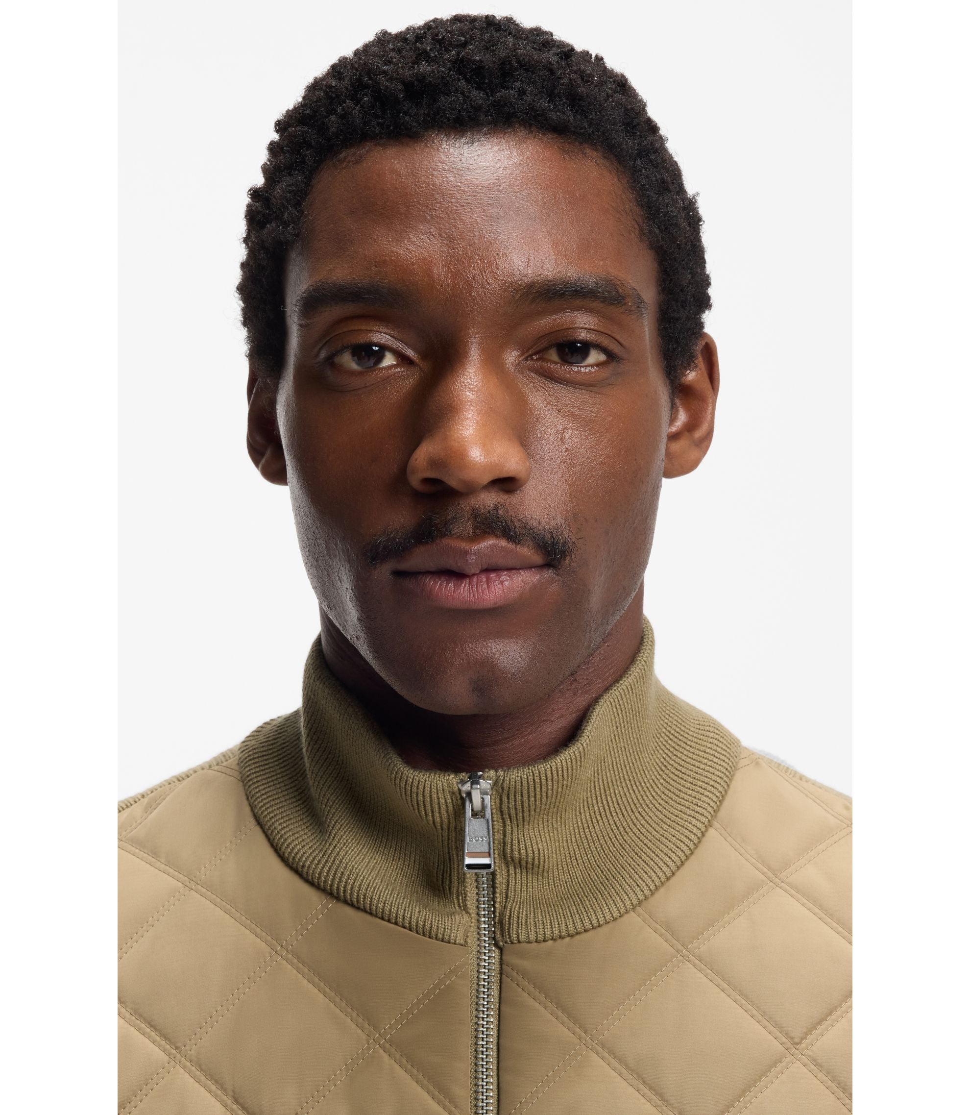 Boss Quilted Front Jacket In Knitted Wool Khaki