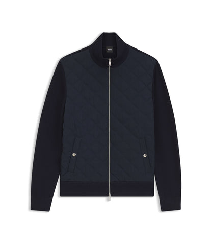 Boss Quilted Front Jacket In Knitted Wool Dark Blue