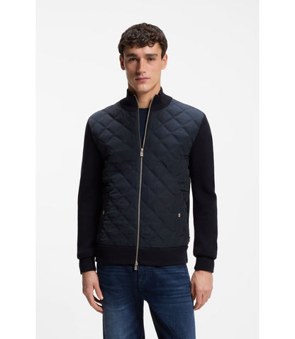 Boss Quilted Front Jacket In Knitted Wool Dark Blue