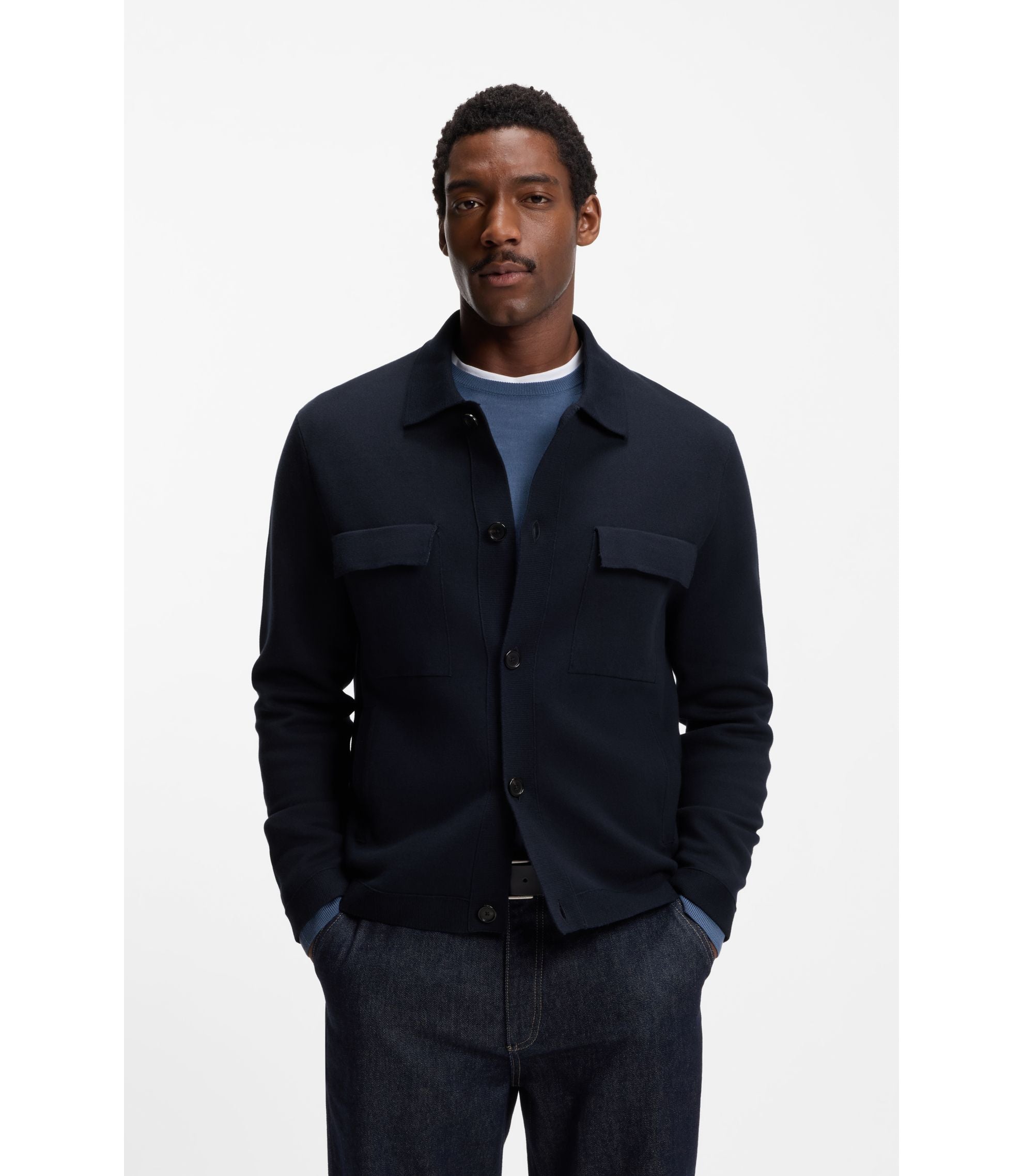 Boss Regular Fit Overshirt In Cotton Dark Blue