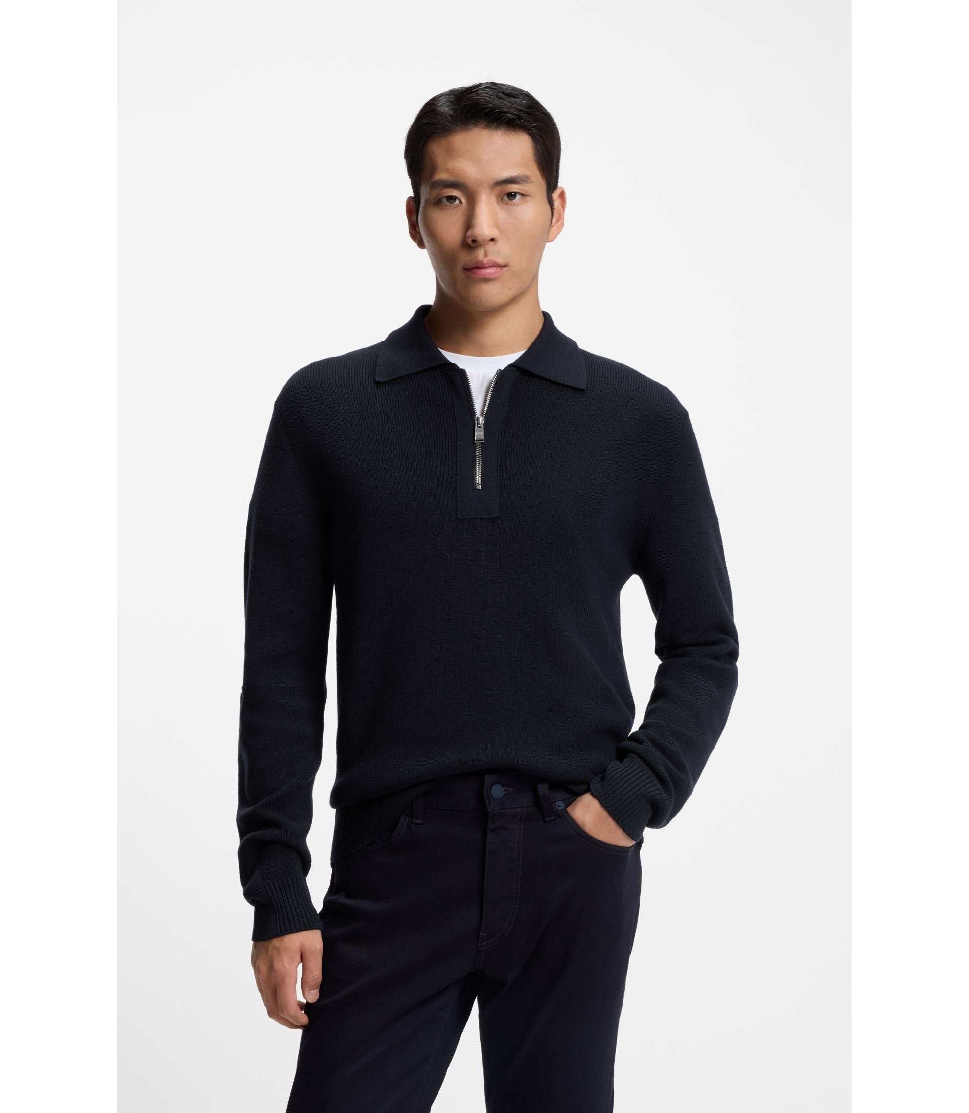 Boss Zip Collar Sweater In Virgin Wool Dark Blue