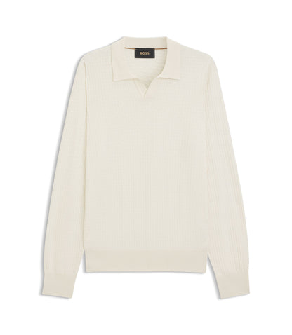 Boss Knitted Silk Sweater With Johnny Collar White