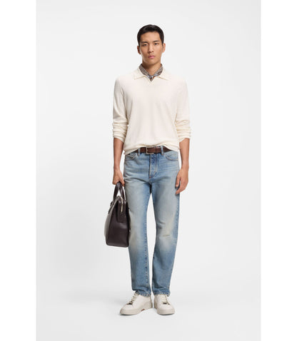 Boss Knitted Silk Sweater With Johnny Collar White
