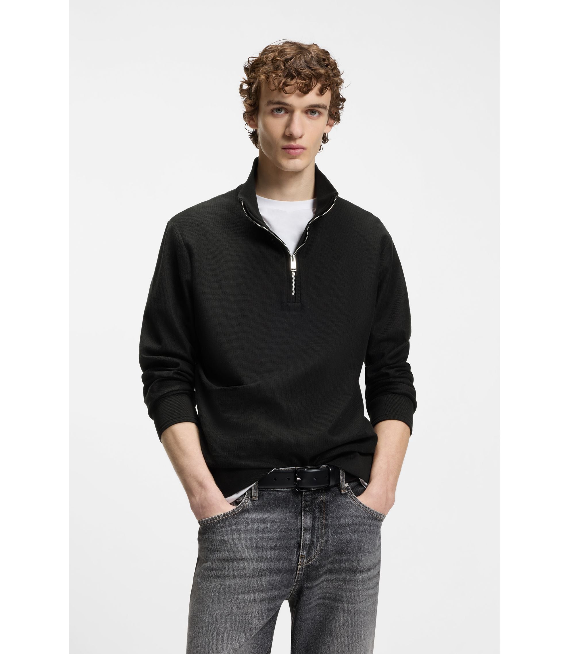 Boss Quarter Zip Sweatshirt In A Cotton Blend Black