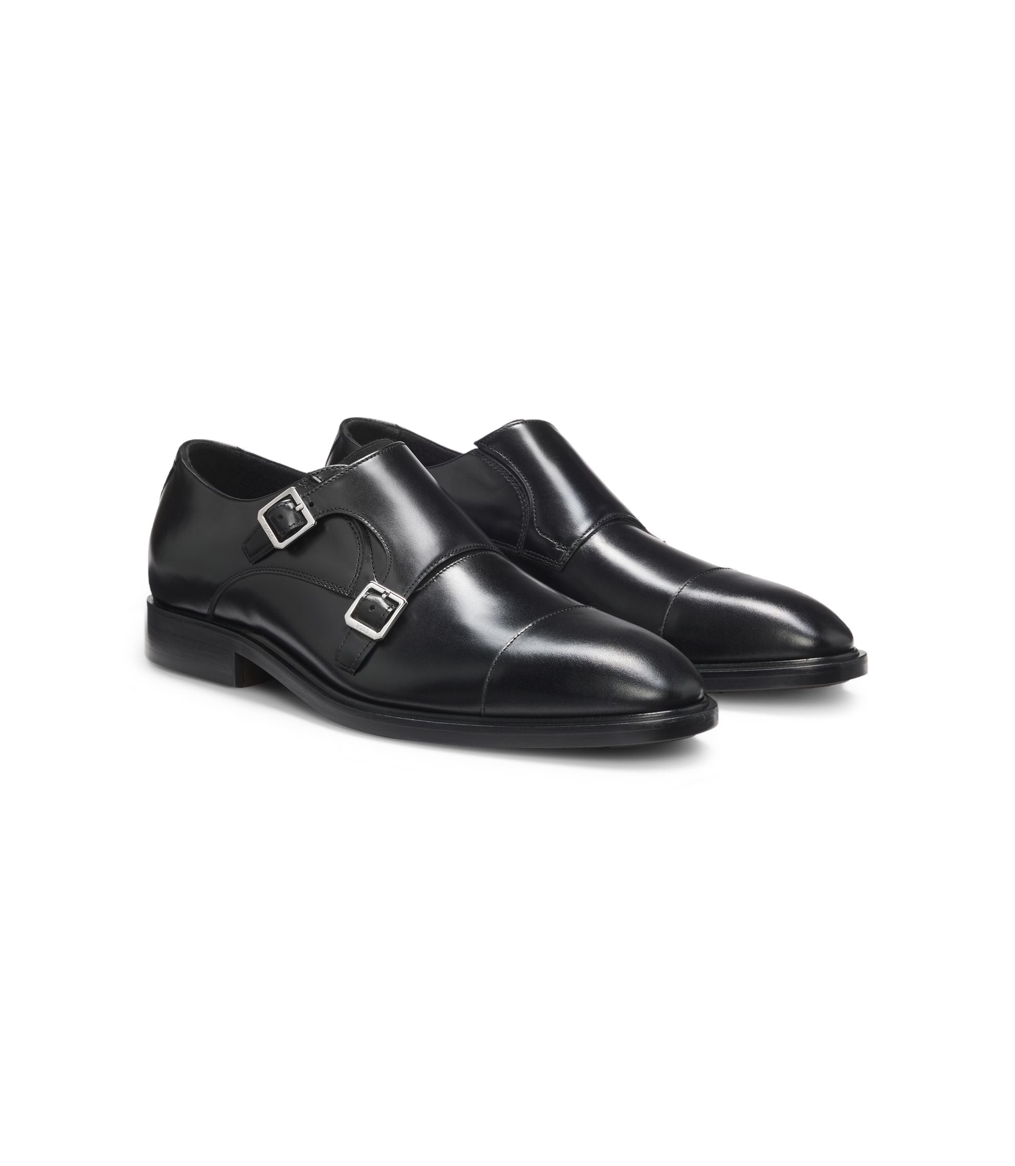 Boss Double Strap Monk Shoes In Leather Black Black